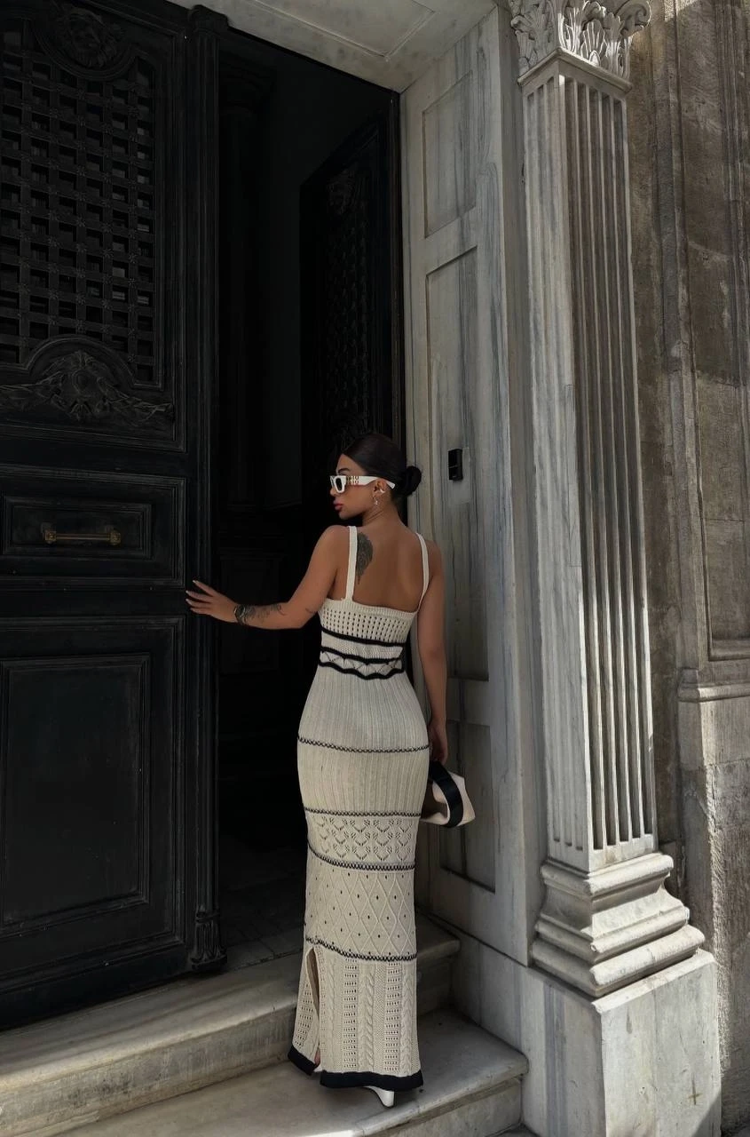 Kadın Bej Askılı Yırtmaç Detaylı Ajurlu Yazlık Uzun Triko Elbise HZL24S-VL1240461