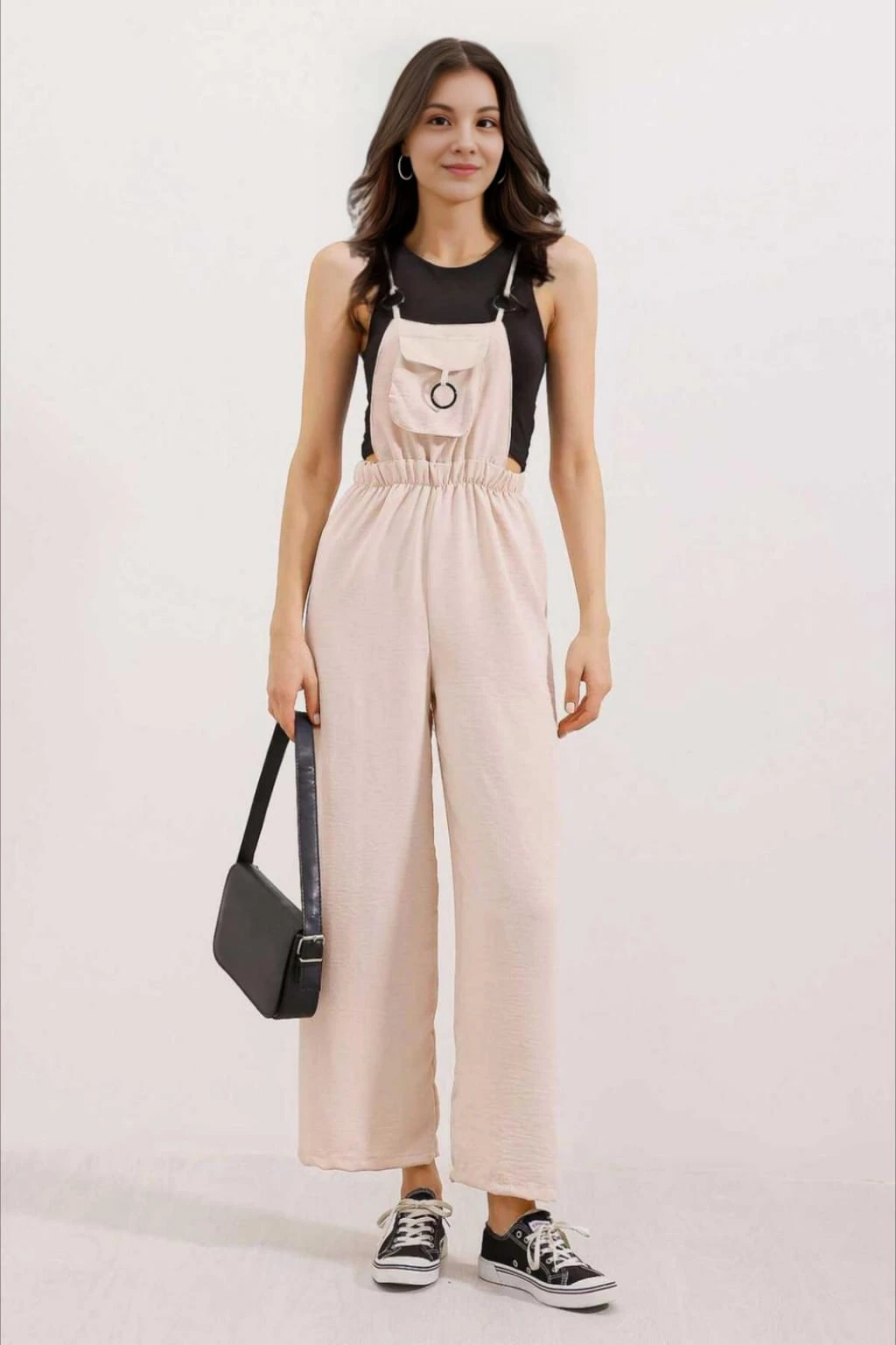 Kadın Bej Ayarlanabilir Askılı Önden Cepli Halka Detaylı Bol Paça Bahçıvan Tulum HZL24S-BD170231