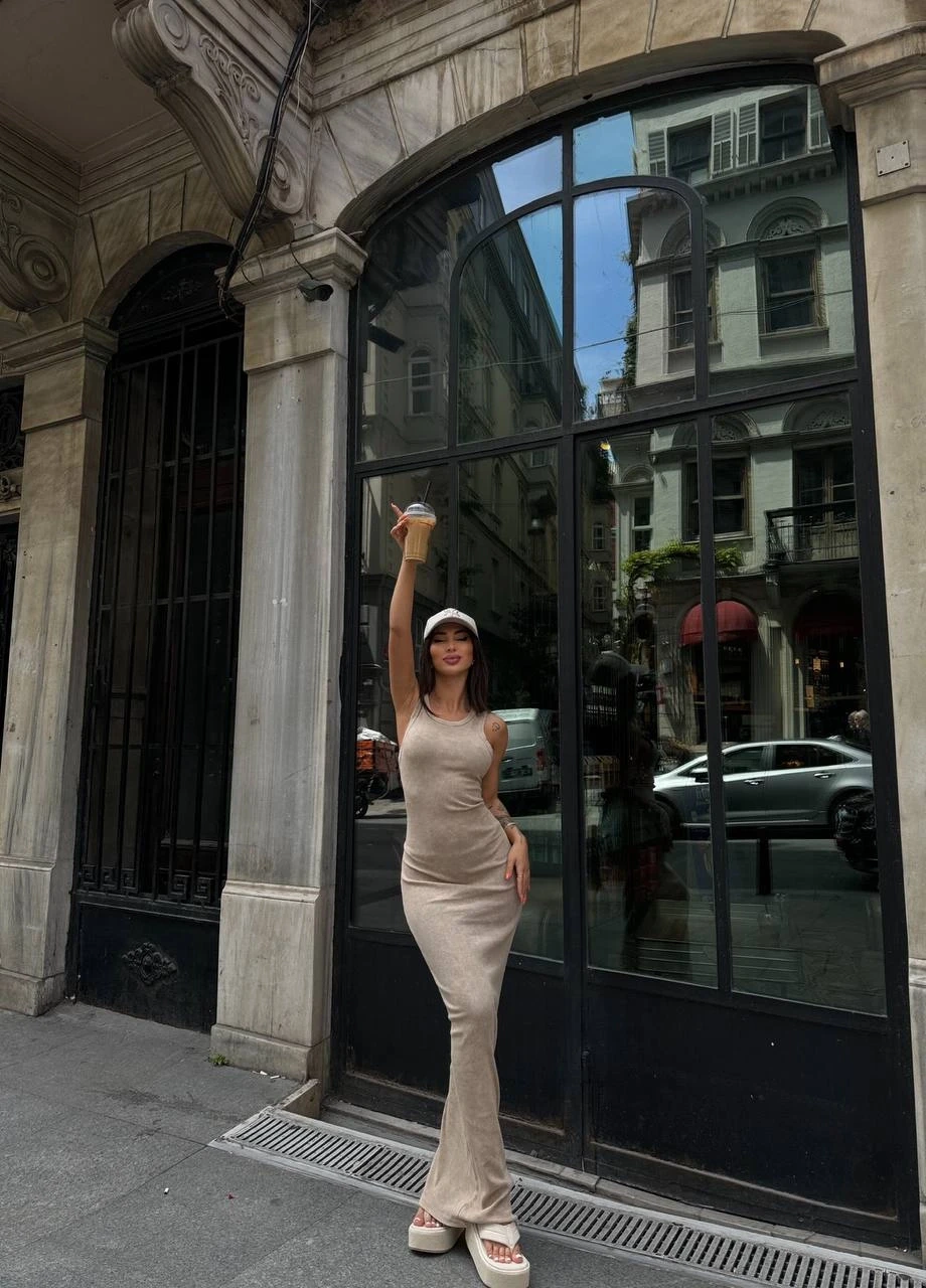 Kadın Bej Bisiklet Yaka Sıfır Kol Yıkamalı Fitilli Uzun Elbise HZL24S-VL1241071