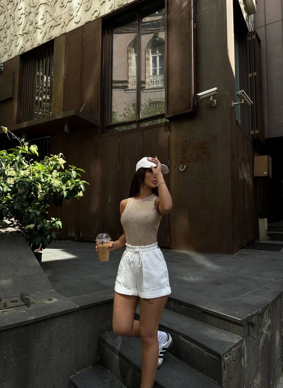 Kadın Bej Bisiklet Yaka Yıkama Efektli Fitilli Kaşkorse Atlet Tşhirt HZL24S-VL1241081