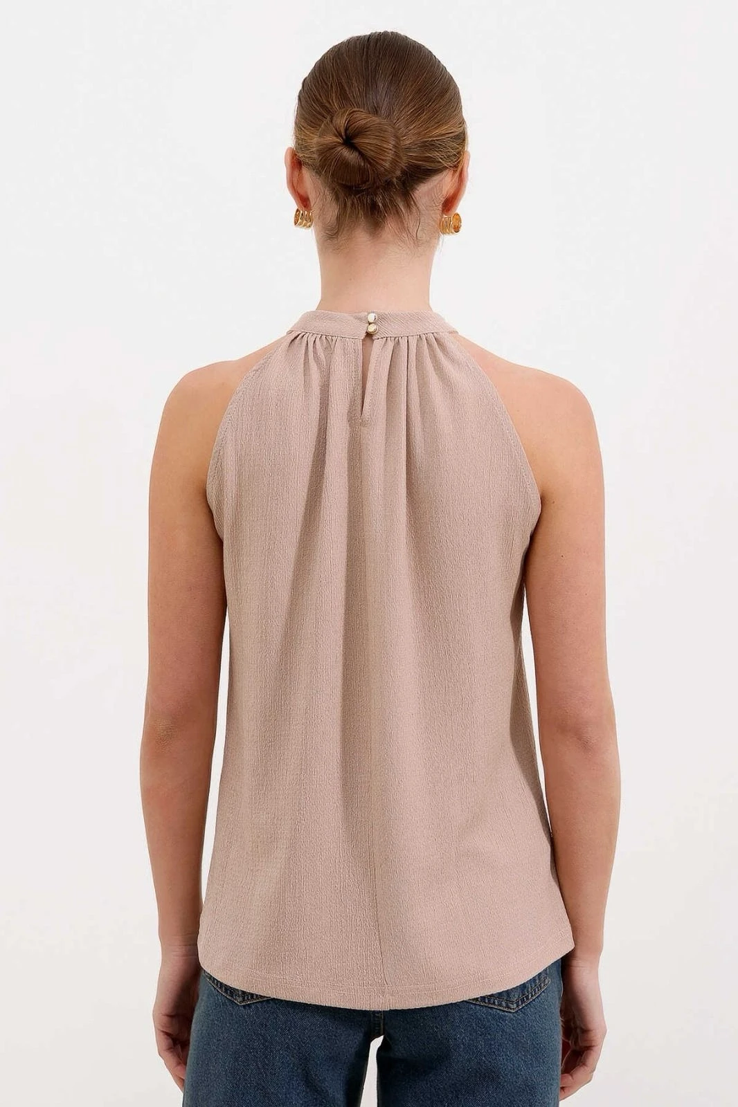 Kadın Bej Halter Yaka Kolsuz Örme Bluz HZL24S-BD104891