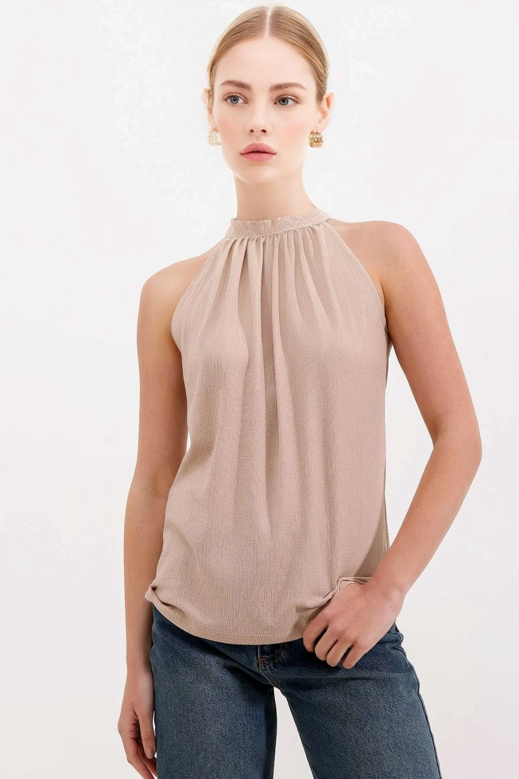 Kadın Bej Halter Yaka Kolsuz Örme Bluz HZL24S-BD104891
