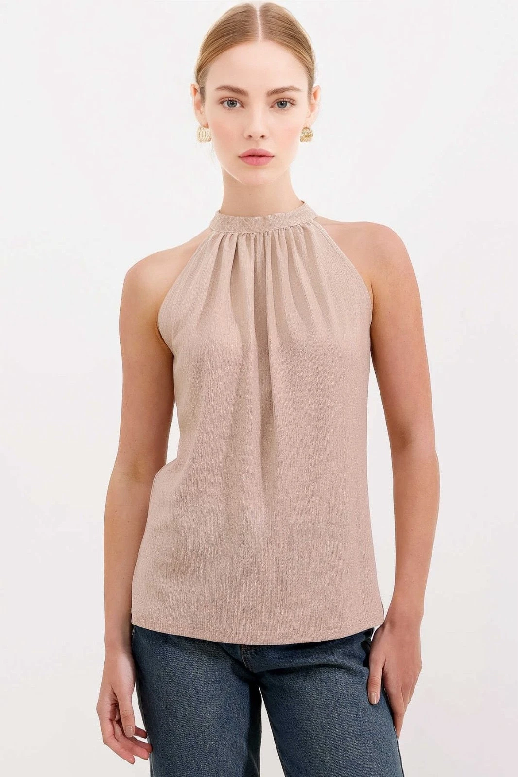 Kadın Bej Halter Yaka Kolsuz Örme Bluz HZL24S-BD104891