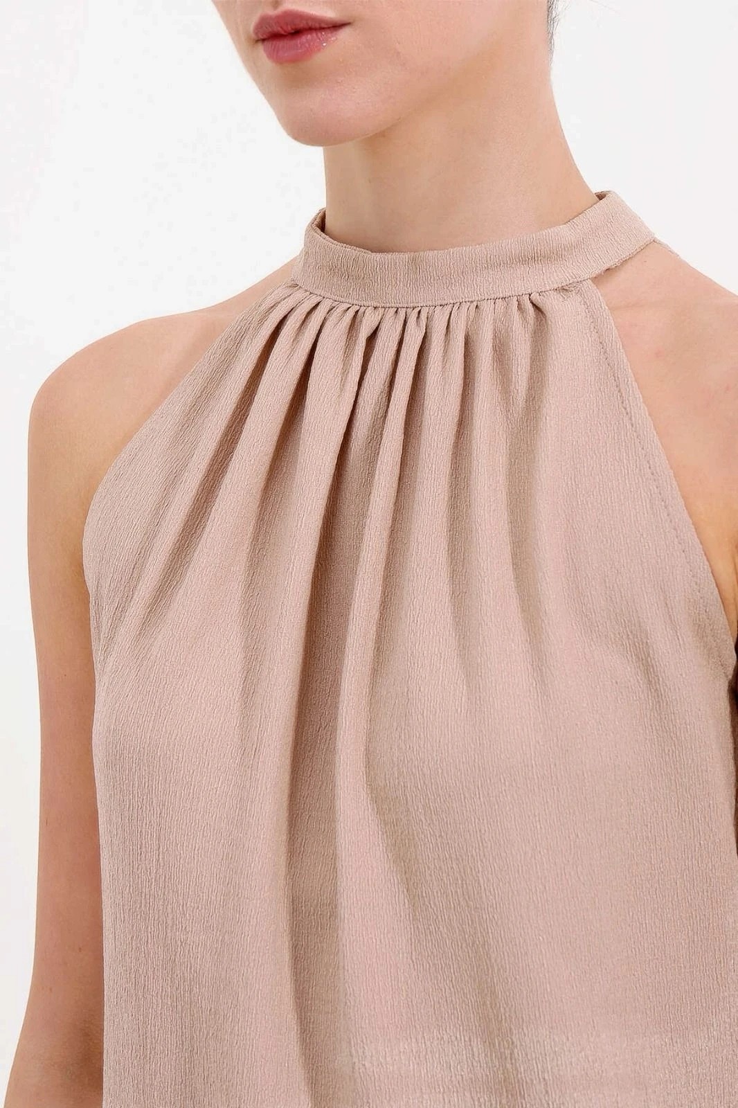 Kadın Bej Halter Yaka Kolsuz Örme Bluz HZL24S-BD104891