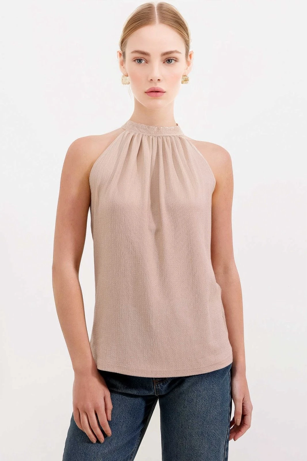 Kadın Bej Halter Yaka Kolsuz Örme Bluz HZL24S-BD104891
