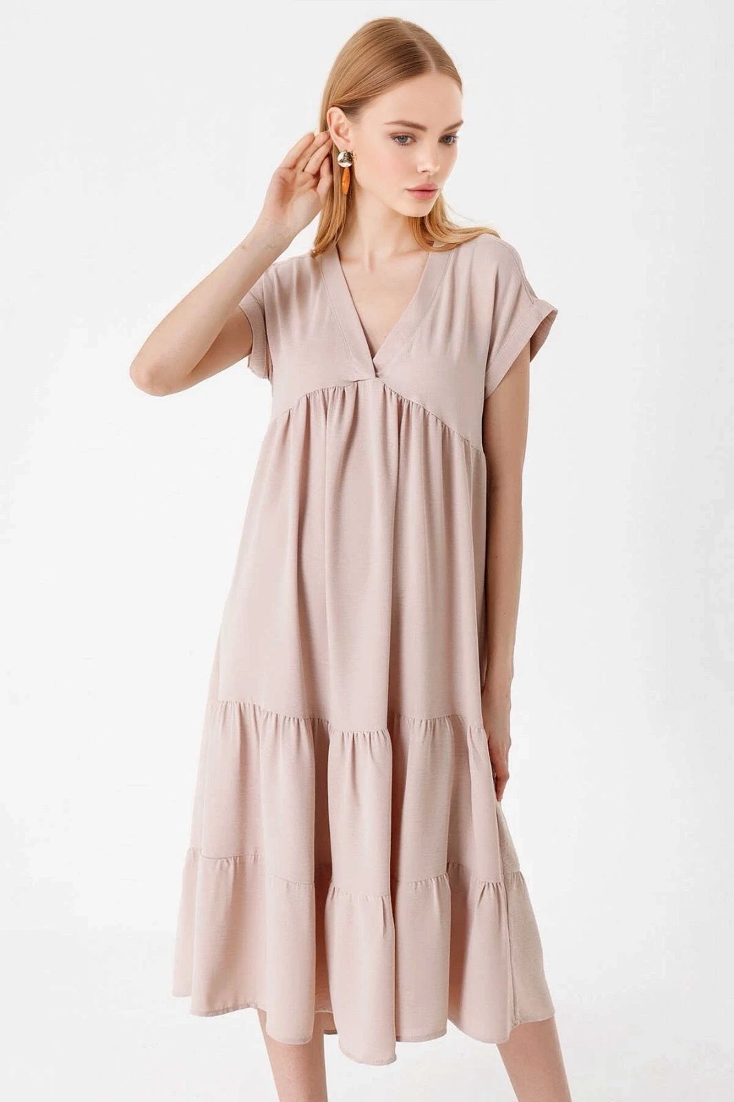 Kadın Bej V Yaka Yazlık Uzun Ayrobin Elbise HZL23S-BD123981