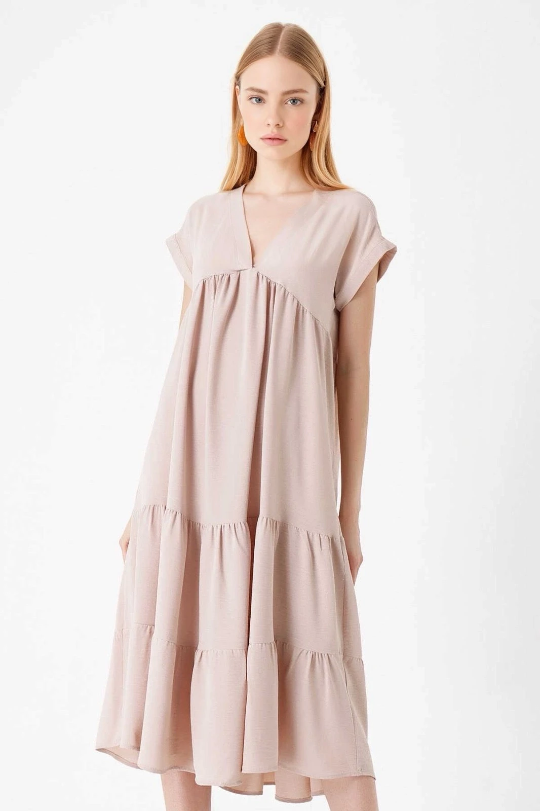 Kadın Bej V Yaka Yazlık Uzun Ayrobin Elbise HZL23S-BD123981