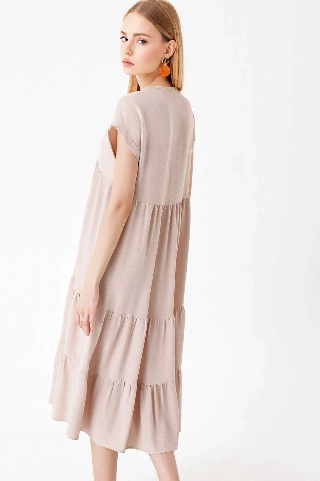 Kadın Bej V Yaka Yazlık Uzun Ayrobin Elbise HZL23S-BD123981