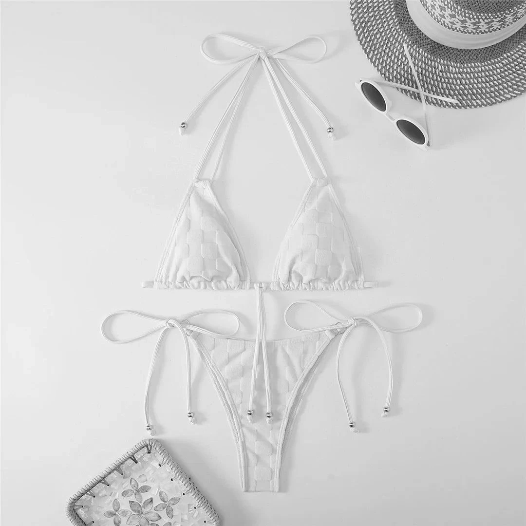 Kadın Beyaz İp Bağlamalı Aksesuarlı Astarlı Yüksek Bel Üçgen Bikini Takım HZL24S-LC2229