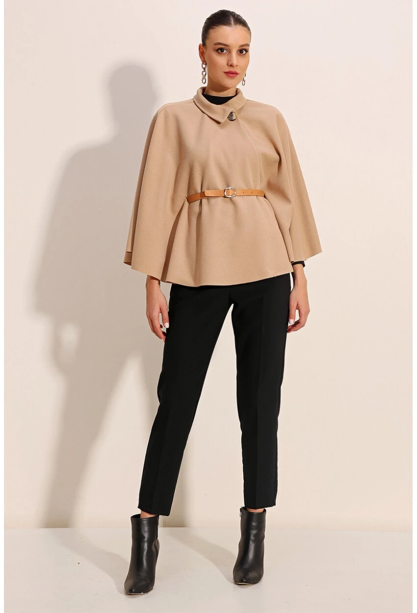 Kadın Bisküvi Hakim Yaka Kemer Detaylı Kaşe Panço  HZL24W-BD191341