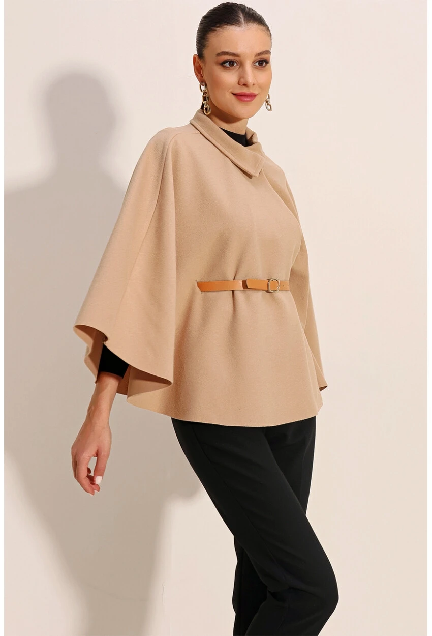 Kadın Bisküvi Hakim Yaka Kemer Detaylı Kaşe Panço  HZL24W-BD191341
