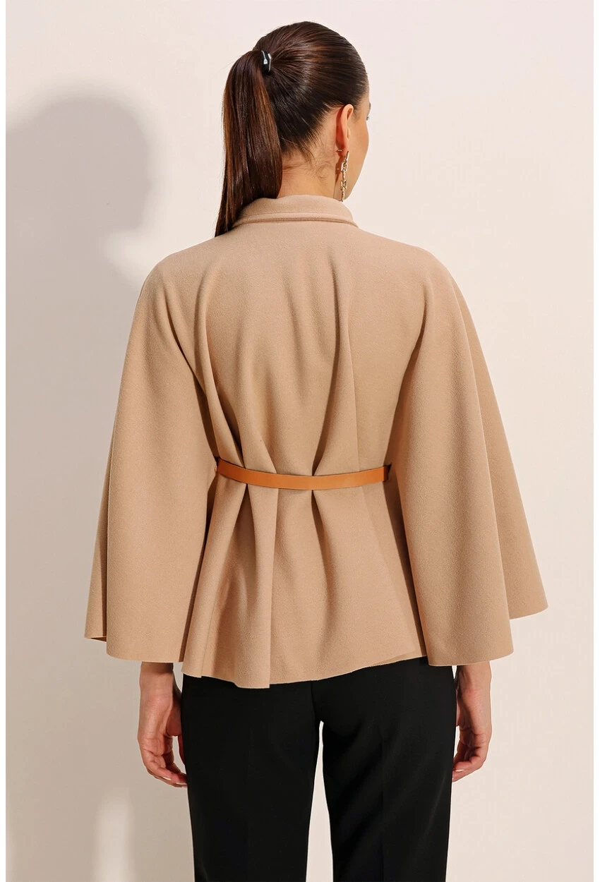 Kadın Bisküvi Hakim Yaka Kemer Detaylı Kaşe Panço  HZL24W-BD191341