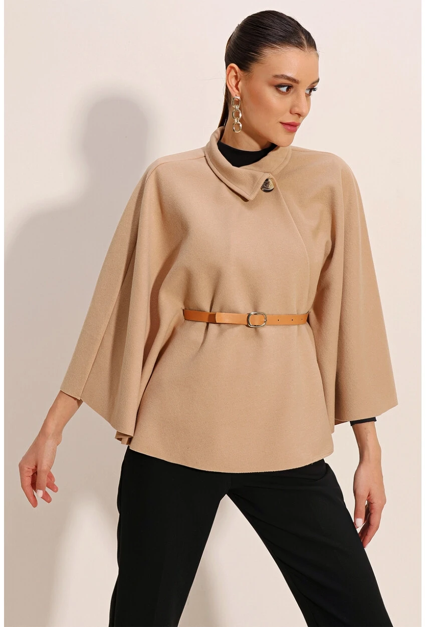 Kadın Bisküvi Hakim Yaka Kemer Detaylı Kaşe Panço  HZL24W-BD191341