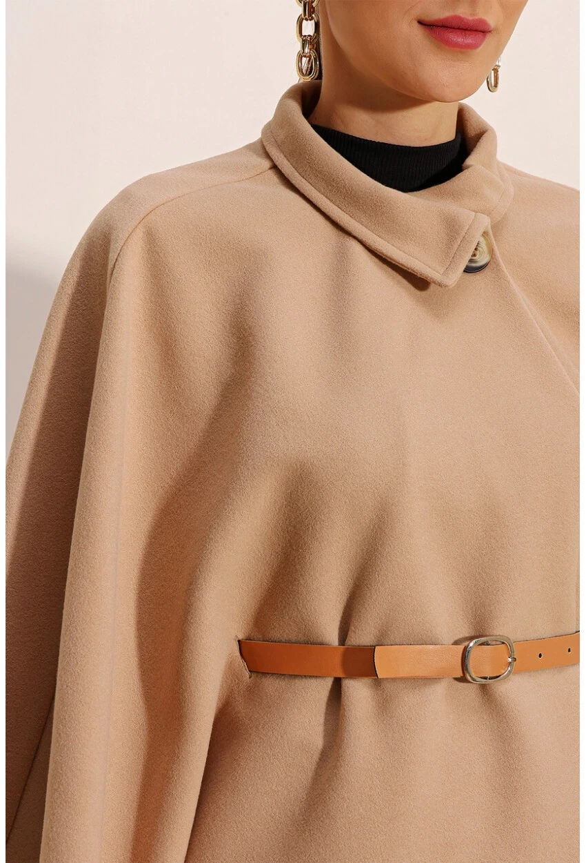 Kadın Bisküvi Hakim Yaka Kemer Detaylı Kaşe Panço  HZL24W-BD191341