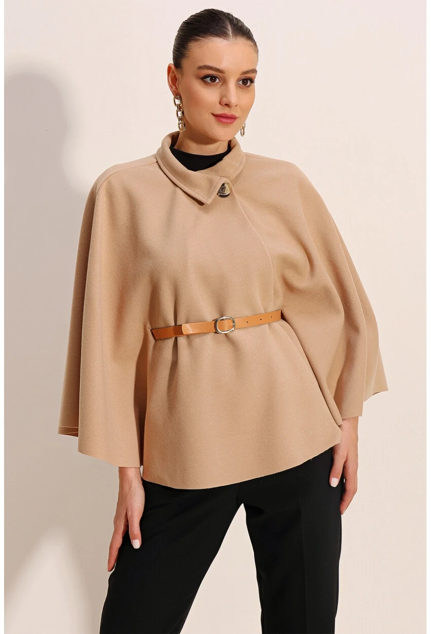 Kadın Bisküvi Hakim Yaka Kemer Detaylı Kaşe Panço  HZL24W-BD191341