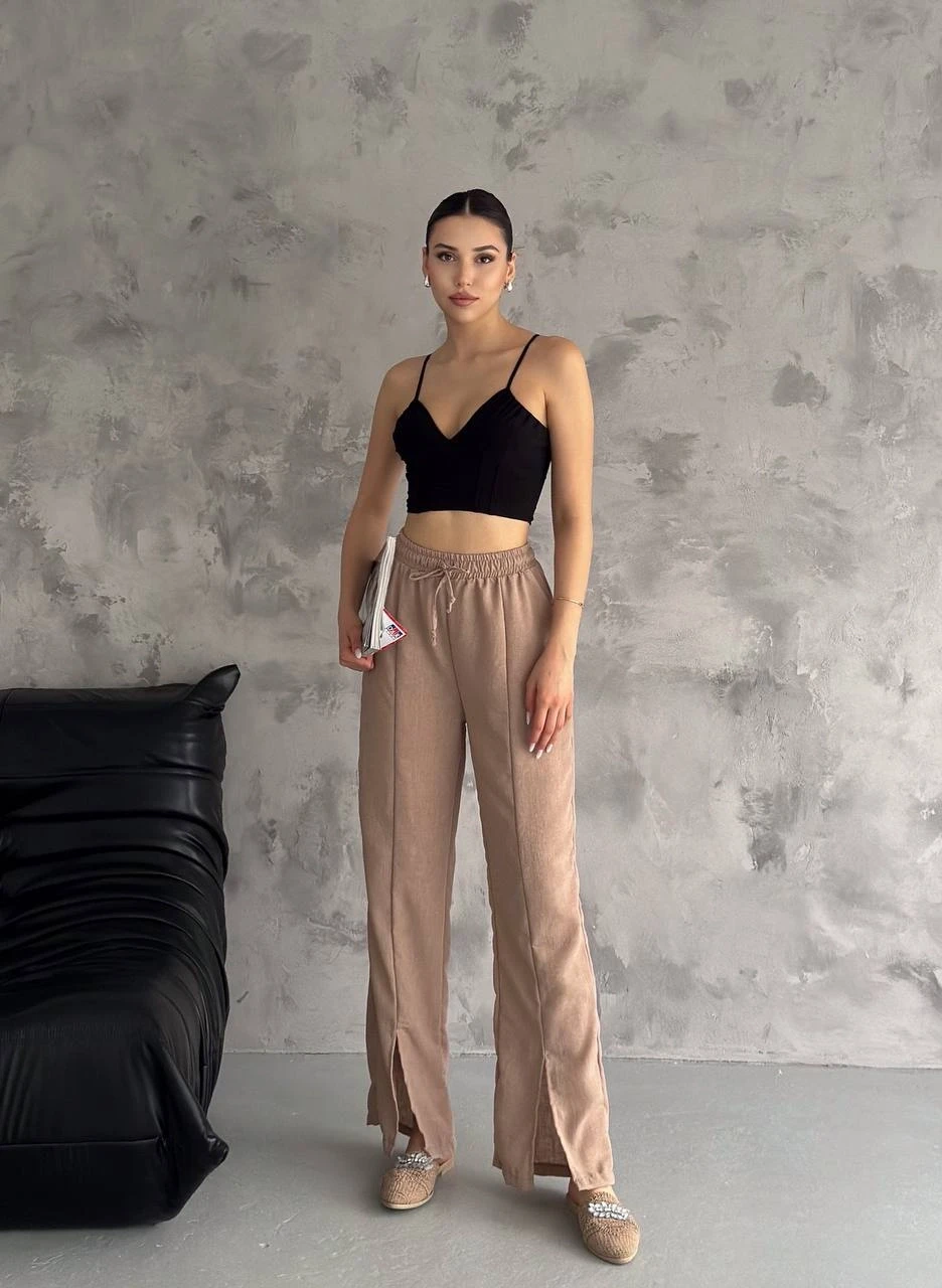 Kadın Bisküvi Lastikli Bel Yırtmaç Detaylı Cepsiz İthal Keten Astarsız Pantolon HZL24S-FRY121941