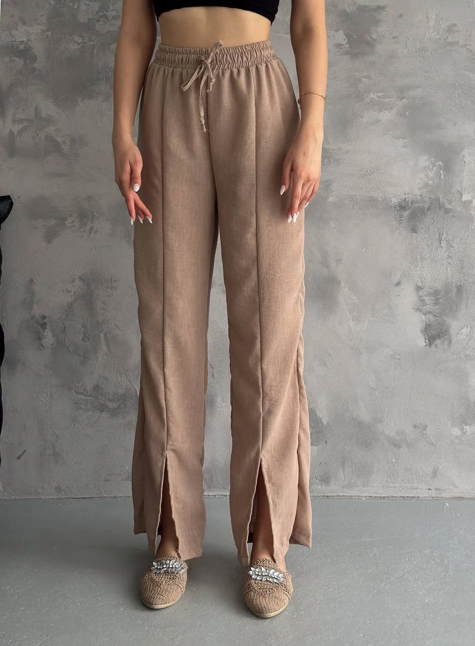 Kadın Bisküvi Lastikli Bel Yırtmaç Detaylı Cepsiz İthal Keten Astarsız Pantolon HZL24S-FRY121941