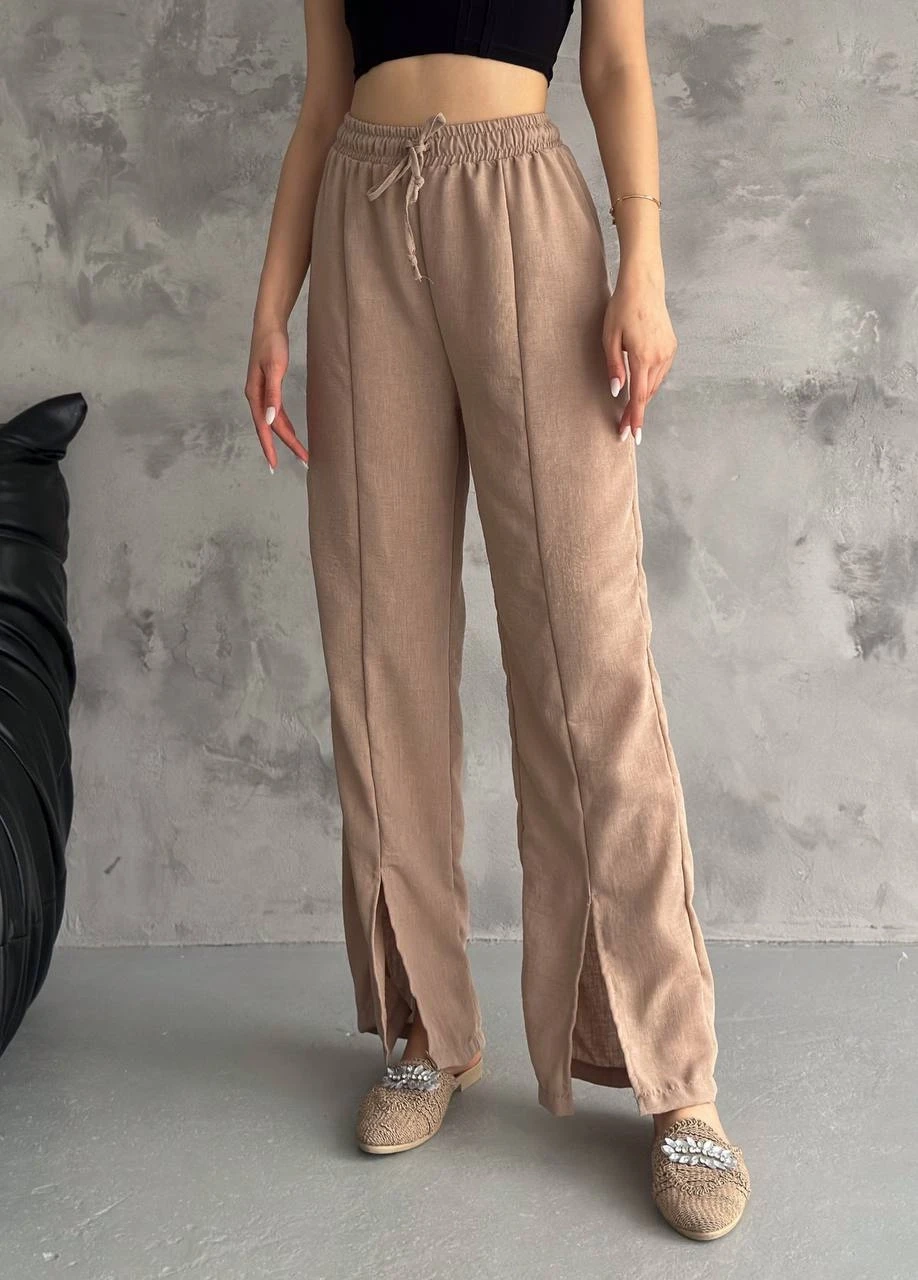 Kadın Bisküvi Lastikli Bel Yırtmaç Detaylı Cepsiz İthal Keten Astarsız Pantolon HZL24S-FRY121941