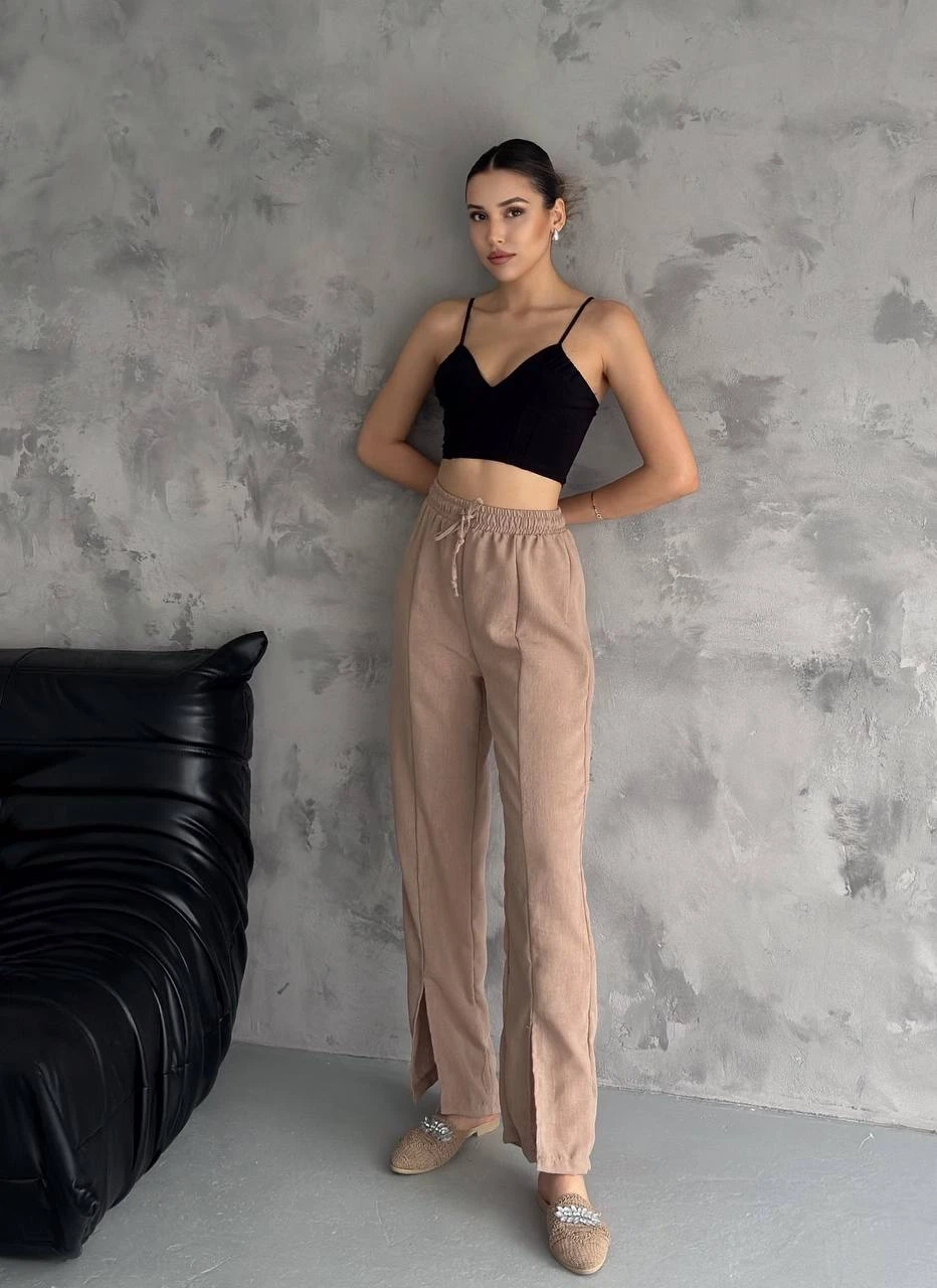Kadın Bisküvi Lastikli Bel Yırtmaç Detaylı Cepsiz İthal Keten Astarsız Pantolon HZL24S-FRY121941