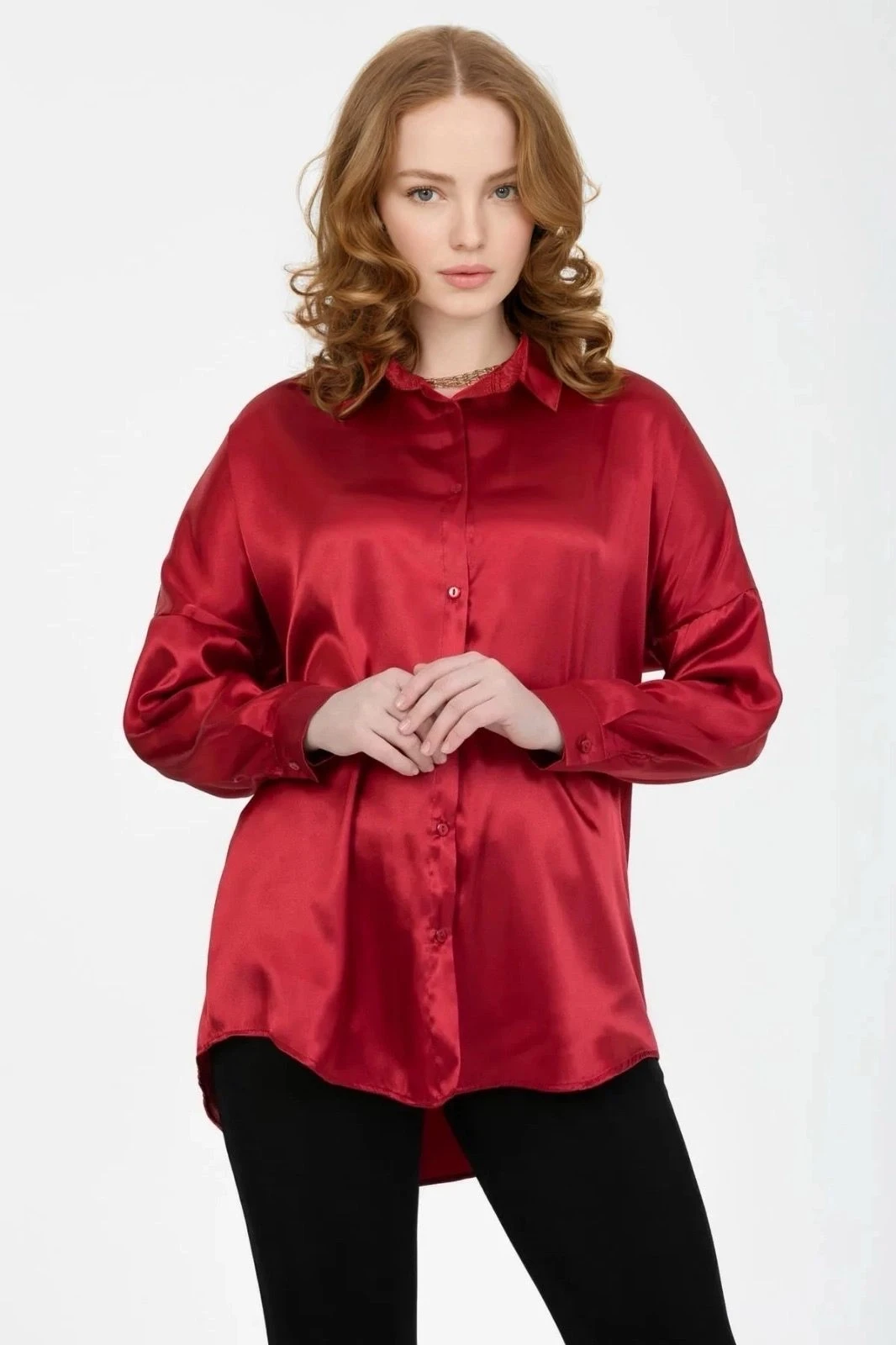 Kadın Bordo Oversize Dökümlü Saten Yüzeyli Gömlek HZL23S-BD139851