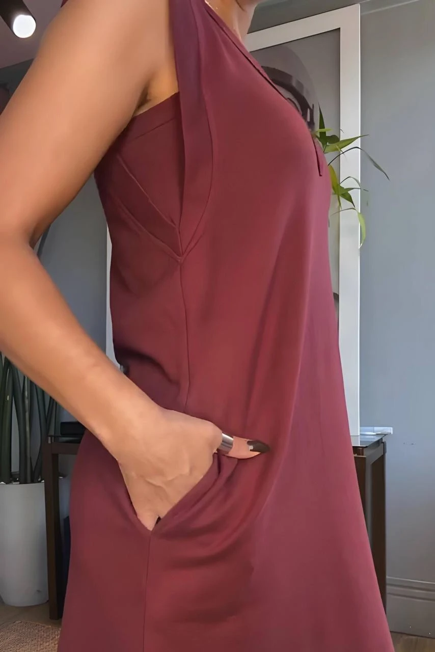 Kadın Bordo V Yaka Kolsuz Cepli Yırtmaç Detaylı Elbise HZL24S-MJ13001