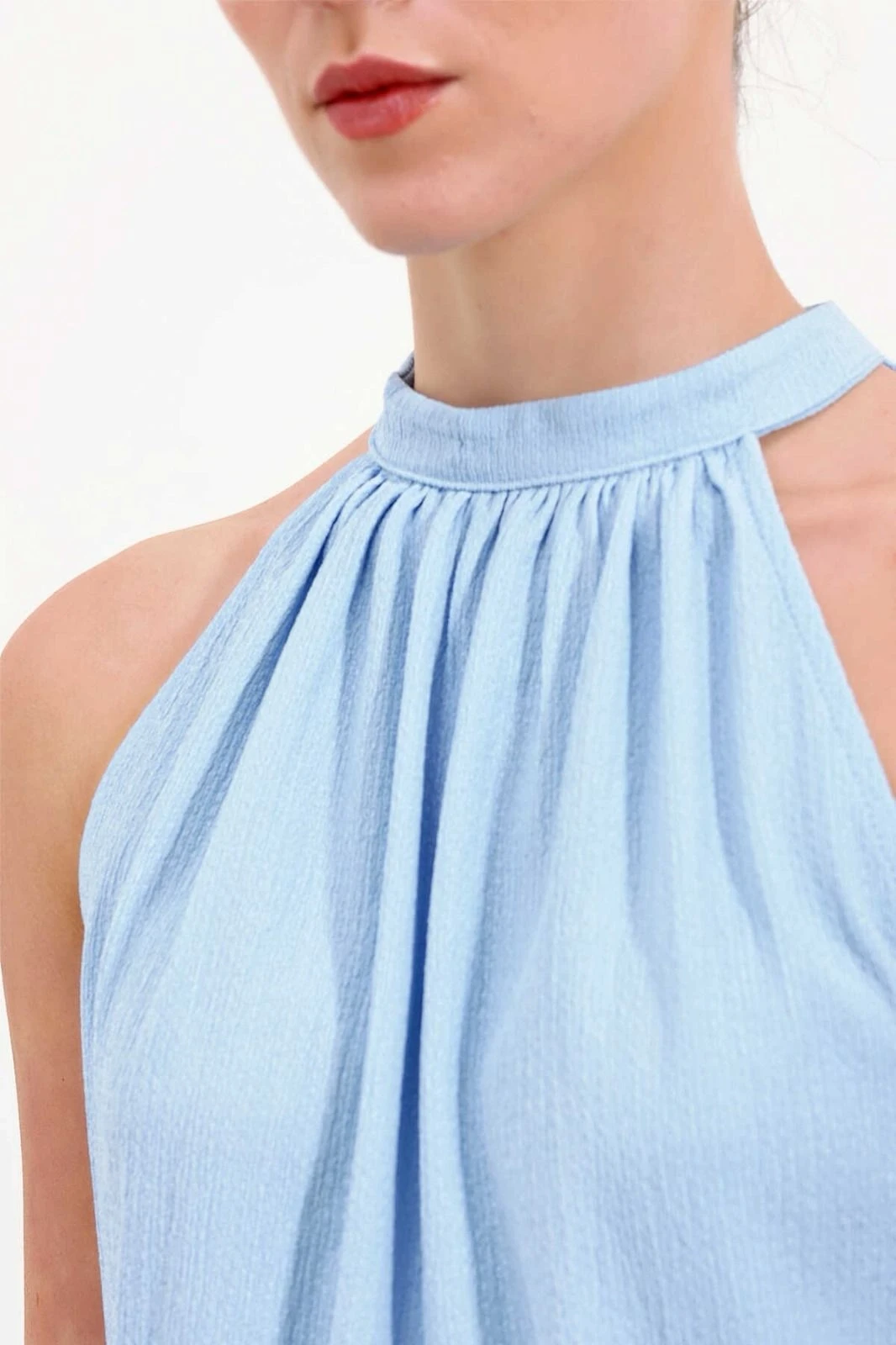 Kadın Buz Mavi Halter Yaka Kolsuz Örme Bluz HZL24S-BD104891