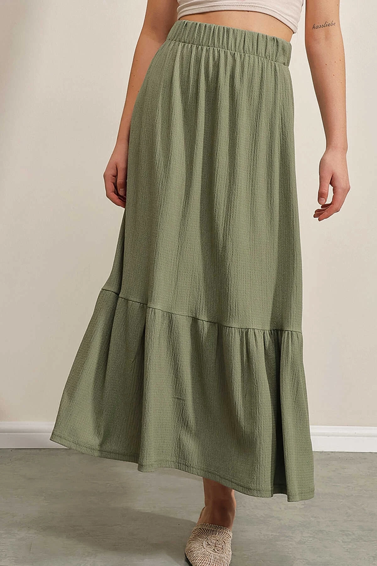 Kadın Çağla Yeşil Beli Lastikli Katlı Uzun Etek HZL23S-BD118861