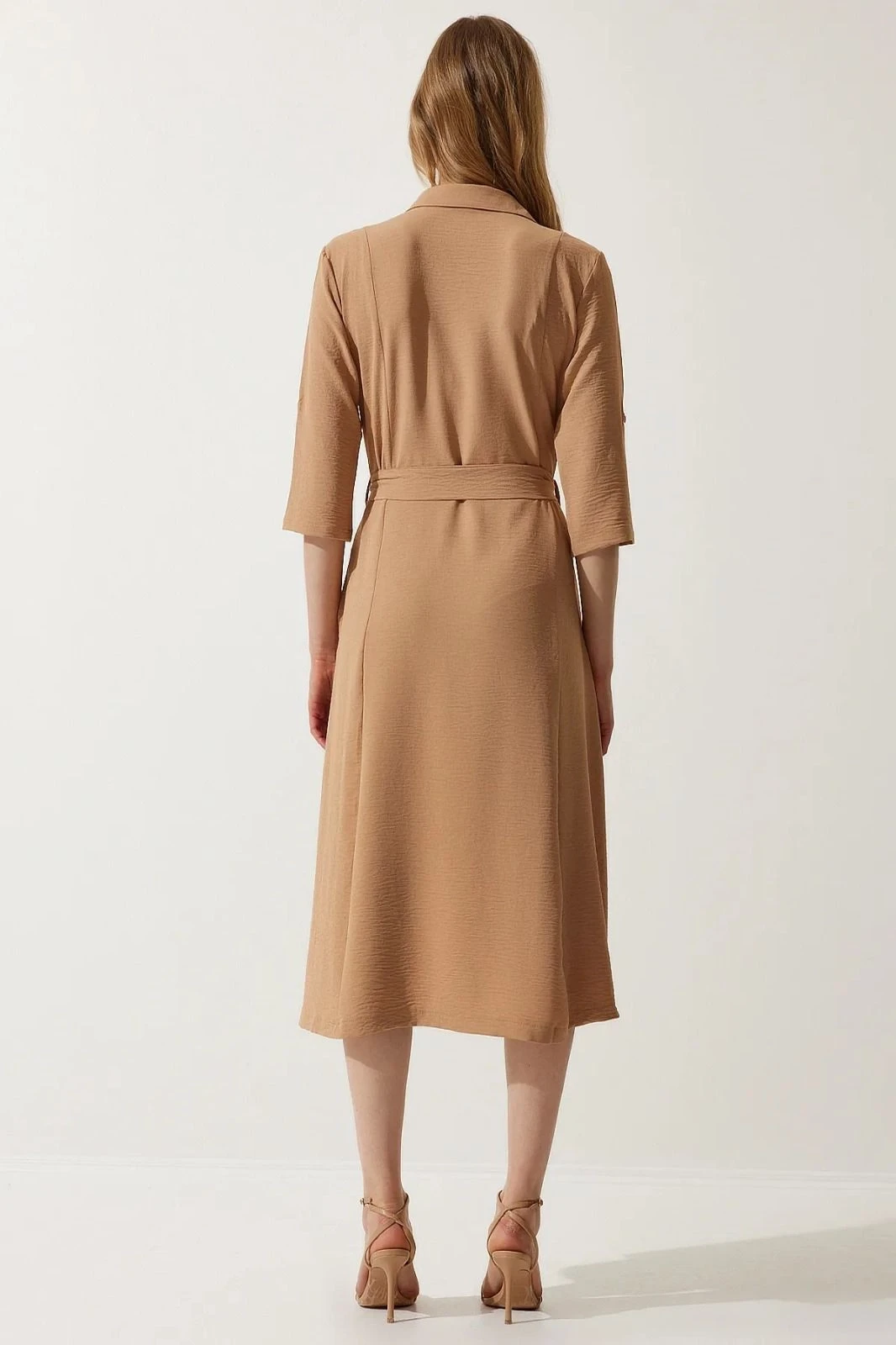 Kadın Camel Gizli Cepli Kuşaklı Viskon Gömlek Elbise HZL24S-BD124421