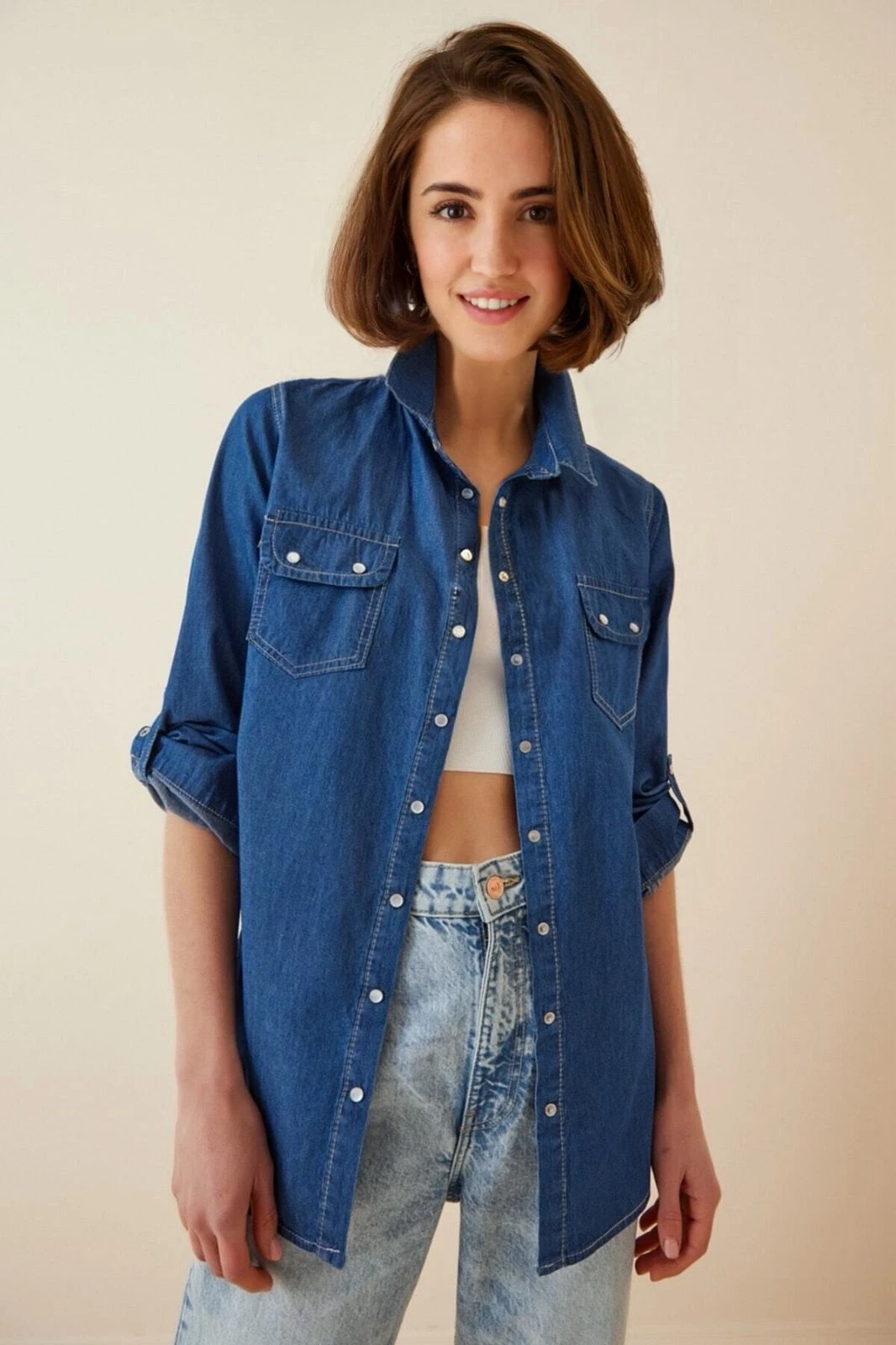 Kadın Denim Basic Çift Cepli Çıtçıtlı Kot Gömlek HZL22W-BD134531