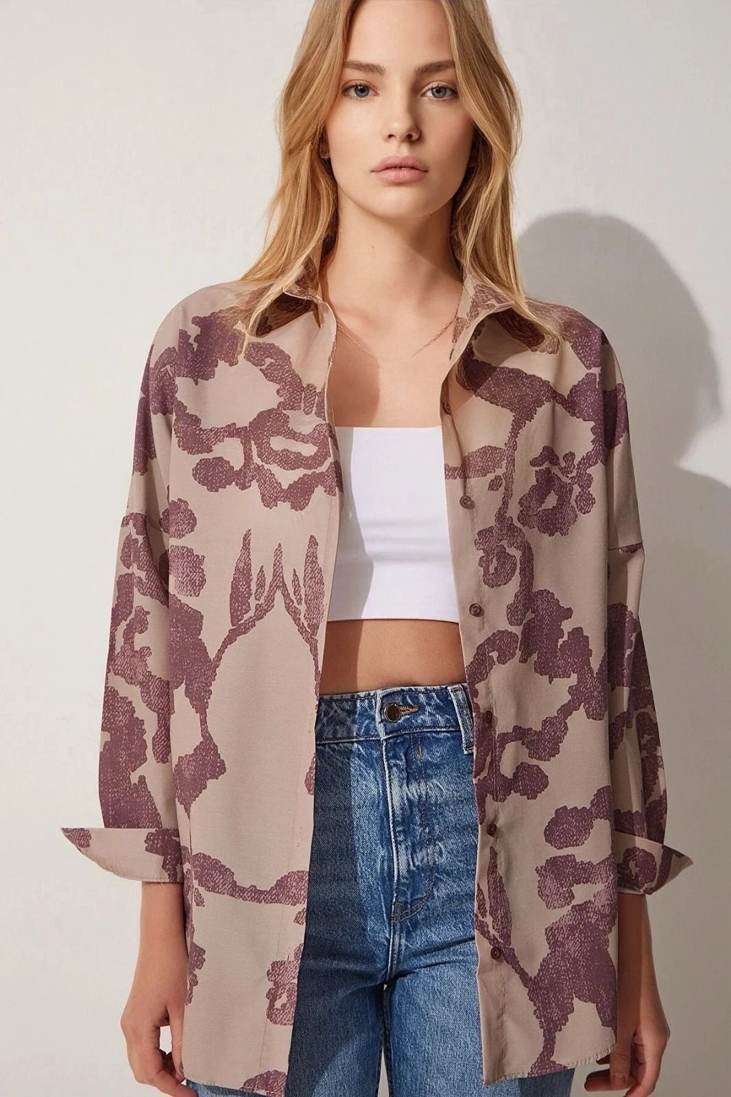 Kadın Desenli Bordo Bej Oversize Uzun Basic Gömlek Hzl22w-bd139001