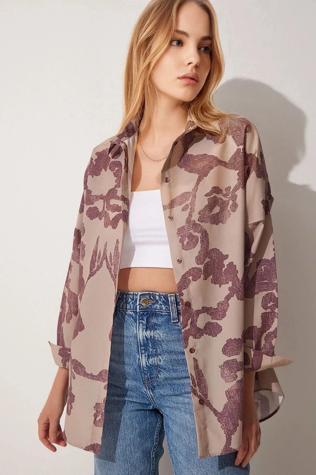 Kadın Desenli Bordo Bej Oversize Uzun Basic Gömlek Hzl22w-bd139001