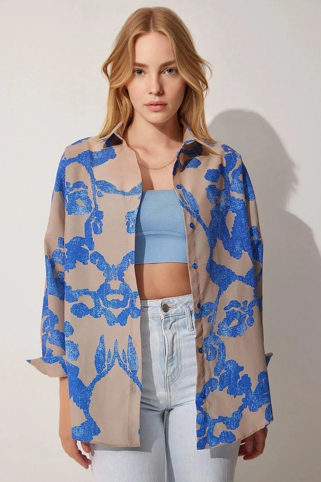 Kadın Desenli Mavi Bej Oversize Uzun Basic Gömlek Hzl22w-bd139001