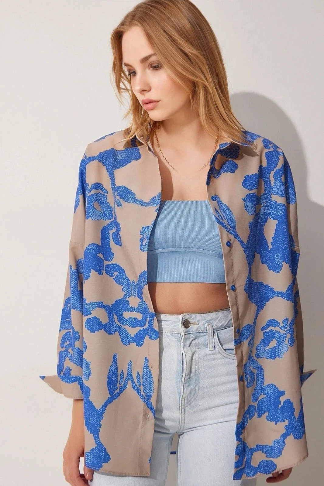 Kadın Desenli Mavi Bej Oversize Uzun Basic Gömlek Hzl22w-bd139001