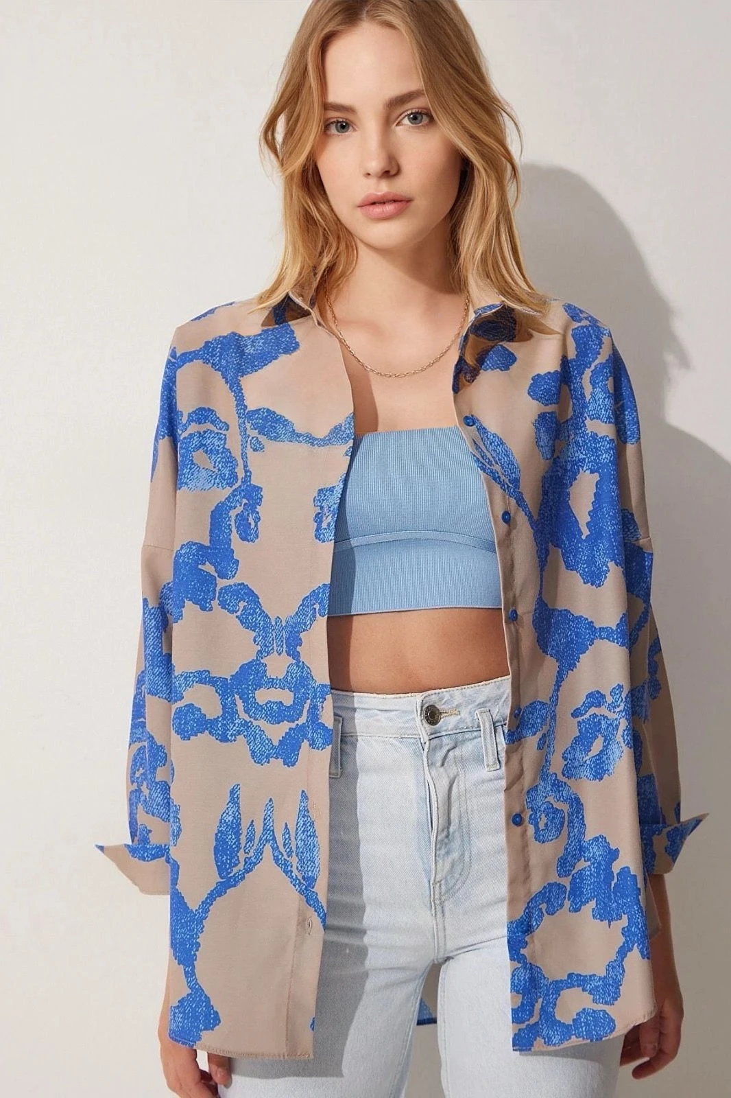 Kadın Desenli Mavi Bej Oversize Uzun Basic Gömlek Hzl22w-bd139001