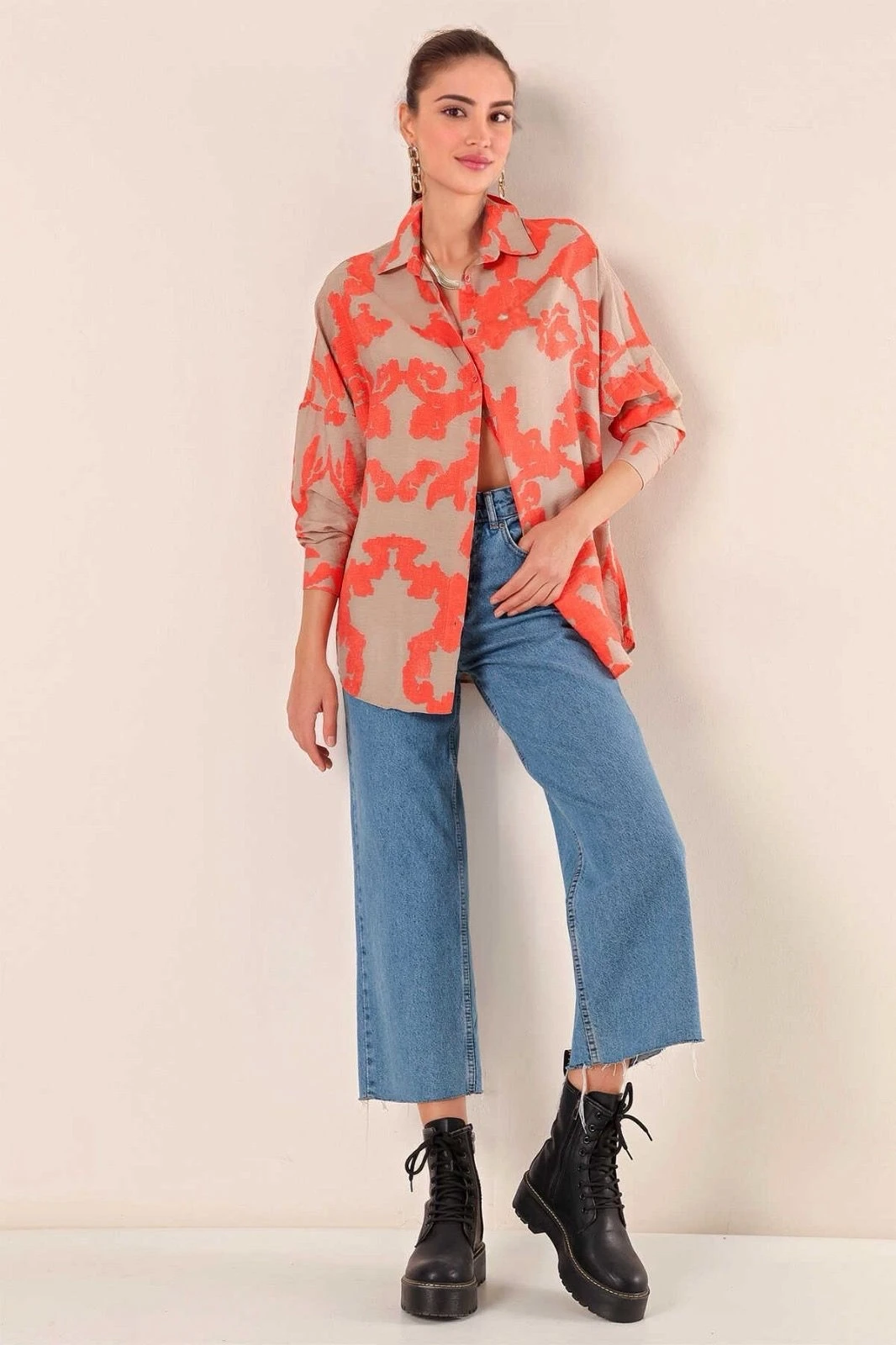 Kadın Desenli Oranj Krem Oversize Uzun Basic Gömlek Hzl22w-bd139001