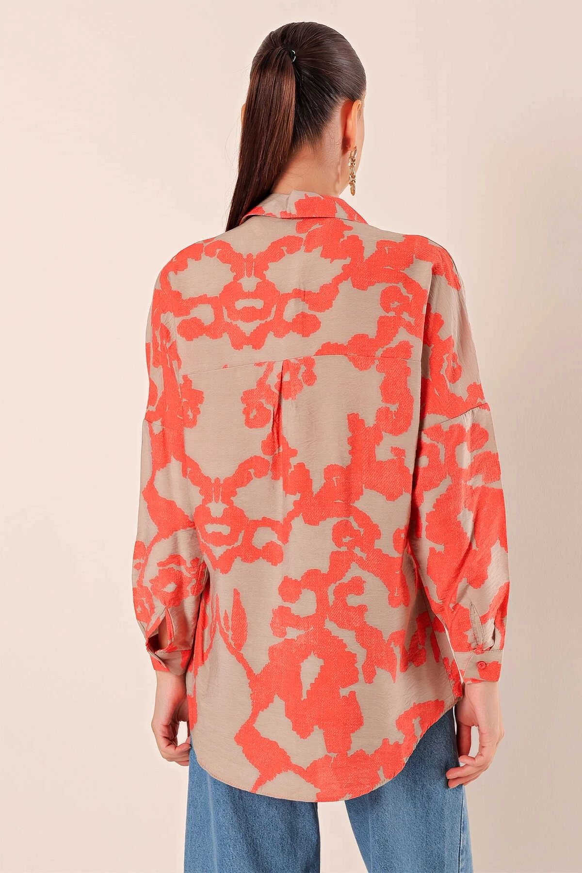 Kadın Desenli Oranj Krem Oversize Uzun Basic Gömlek Hzl22w-bd139001