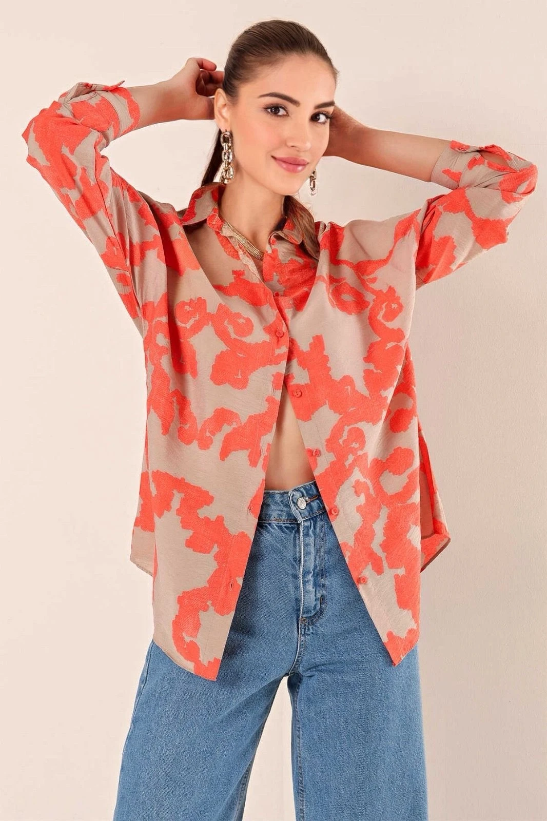 Kadın Desenli Oranj Krem Oversize Uzun Basic Gömlek Hzl22w-bd139001