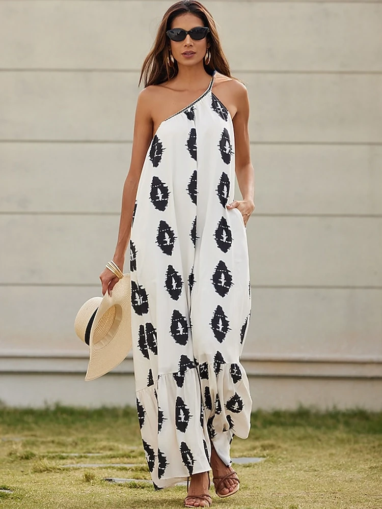 Kadın Ekru Baskılı Omuzdan Bağlamalı Astarsız Uzun Elbise HZL24S-DSB135911