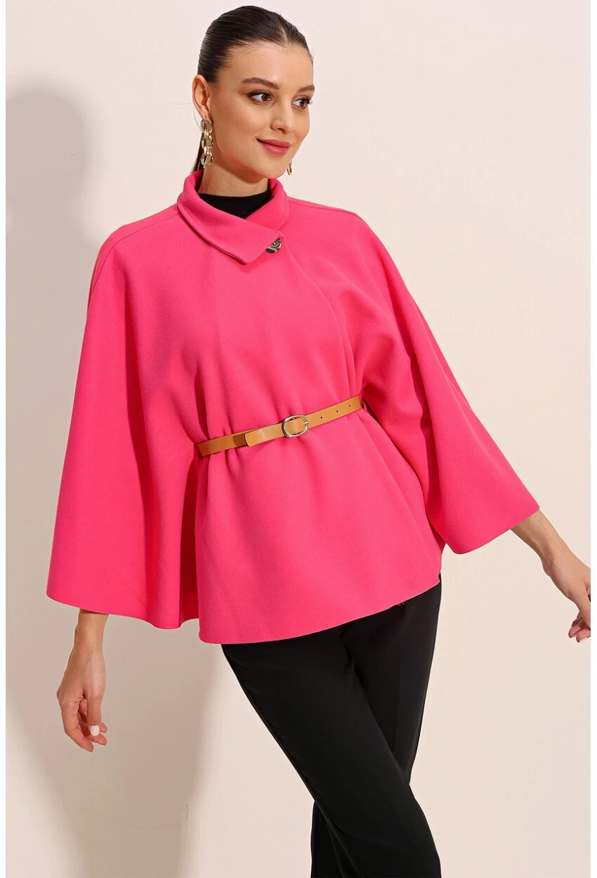 Kadın Fuşya Hakim Yaka Kemer Detaylı Kaşe Panço  HZL24W-BD191341
