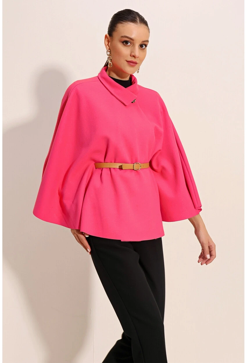 Kadın Fuşya Hakim Yaka Kemer Detaylı Kaşe Panço  HZL24W-BD191341
