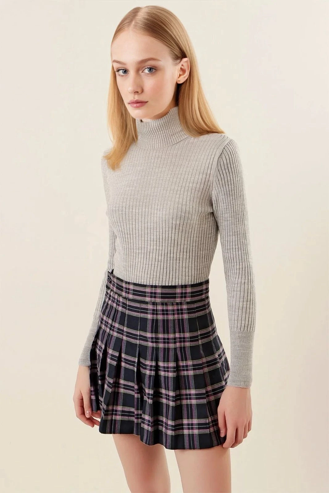 Kadın Gri Boğazlı Fitilli Triko Balıkçı Yaka Kazak HZL22W-BD1445001