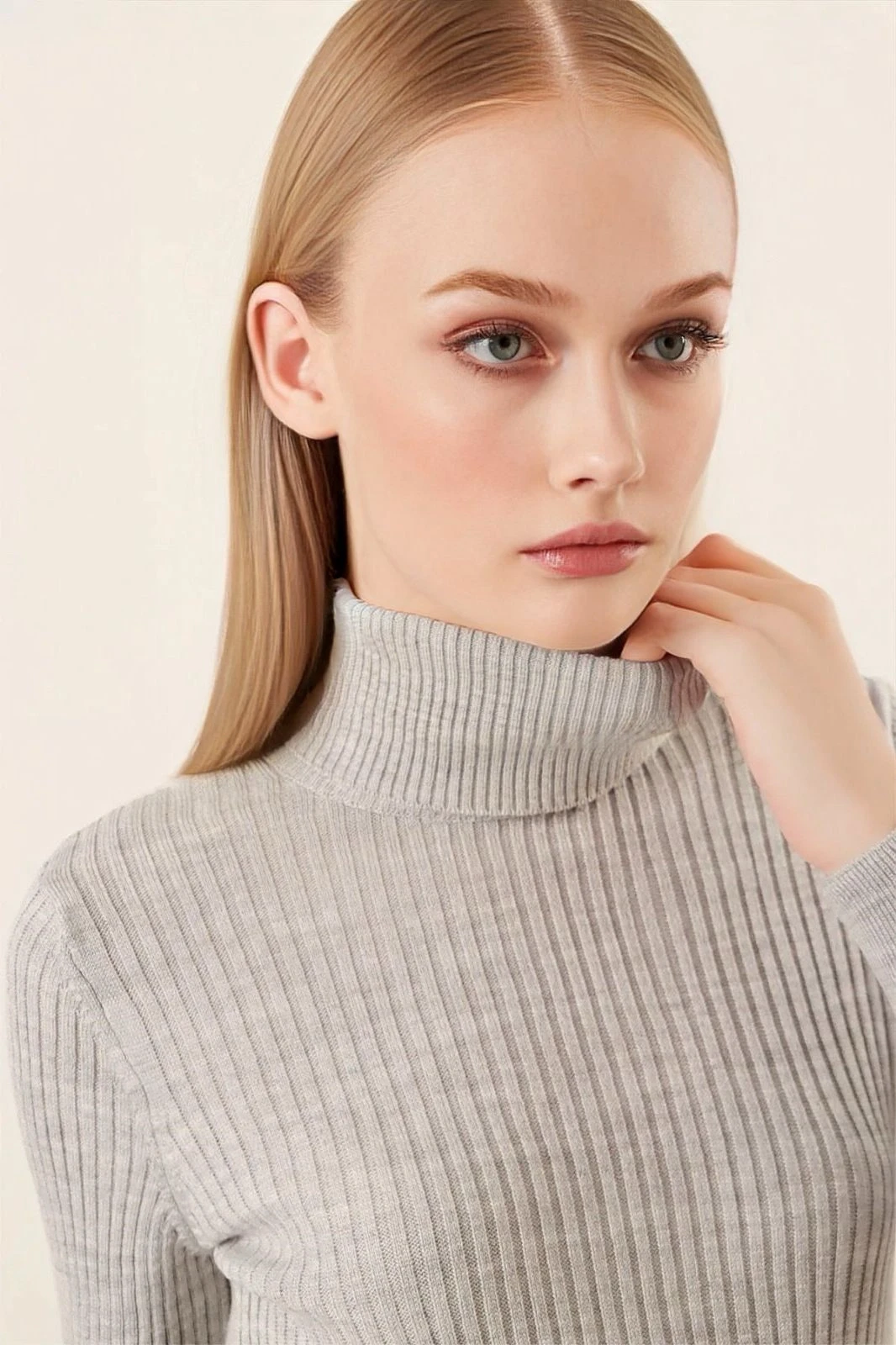 Kadın Gri Boğazlı Fitilli Triko Balıkçı Yaka Kazak HZL22W-BD1445001