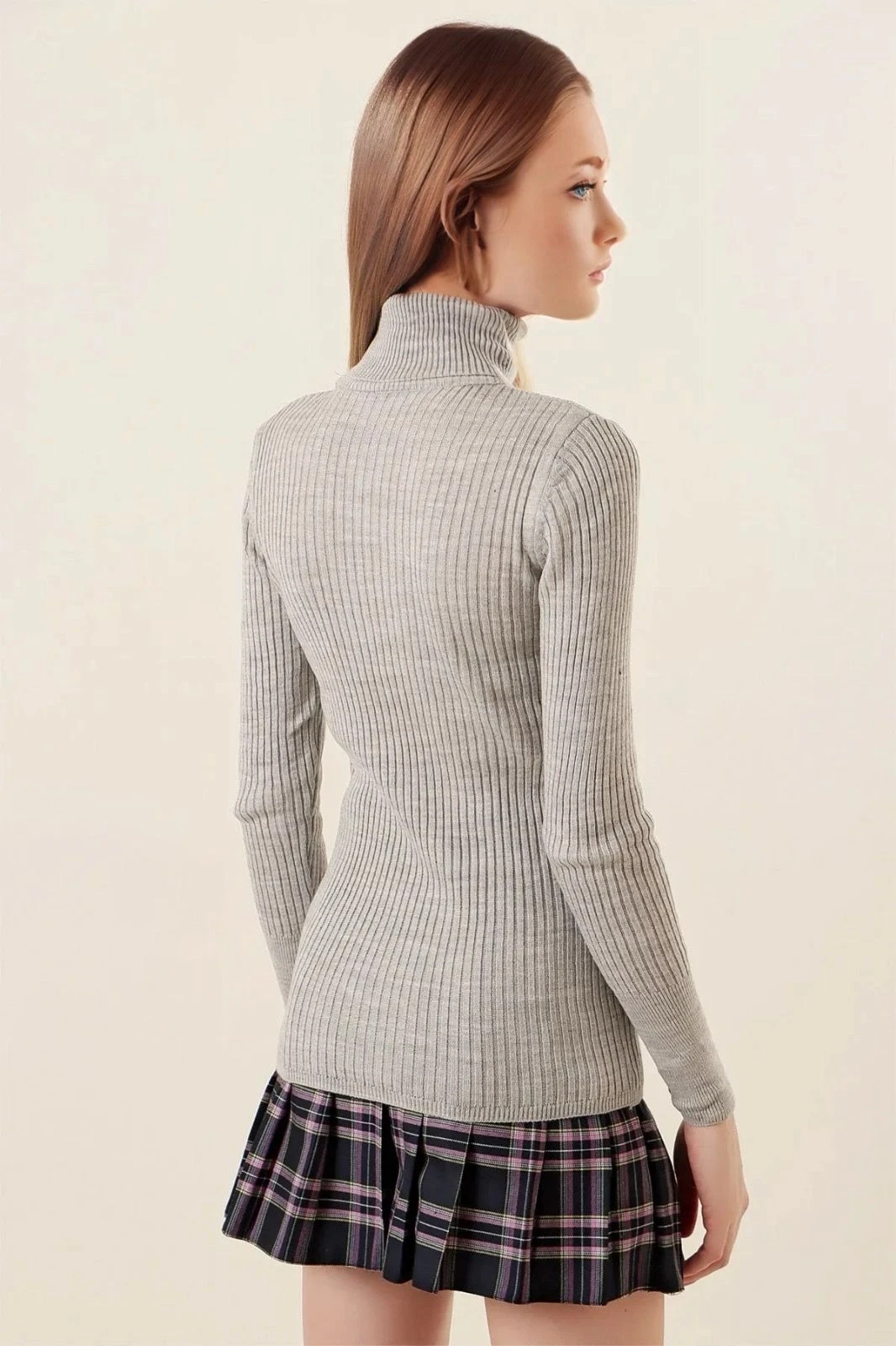 Kadın Gri Boğazlı Fitilli Triko Balıkçı Yaka Kazak HZL22W-BD1445001