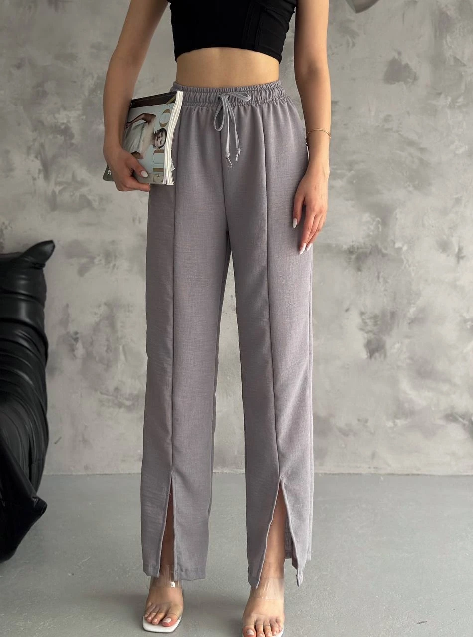 Kadın Gri Lastikli Bel Yırtmaç Detaylı Cepsiz İthal Keten Astarsız Pantolon HZL24S-FRY121941