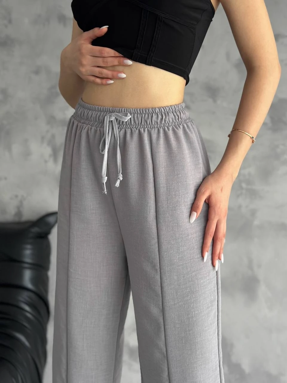 Kadın Gri Lastikli Bel Yırtmaç Detaylı Cepsiz İthal Keten Astarsız Pantolon HZL24S-FRY121941