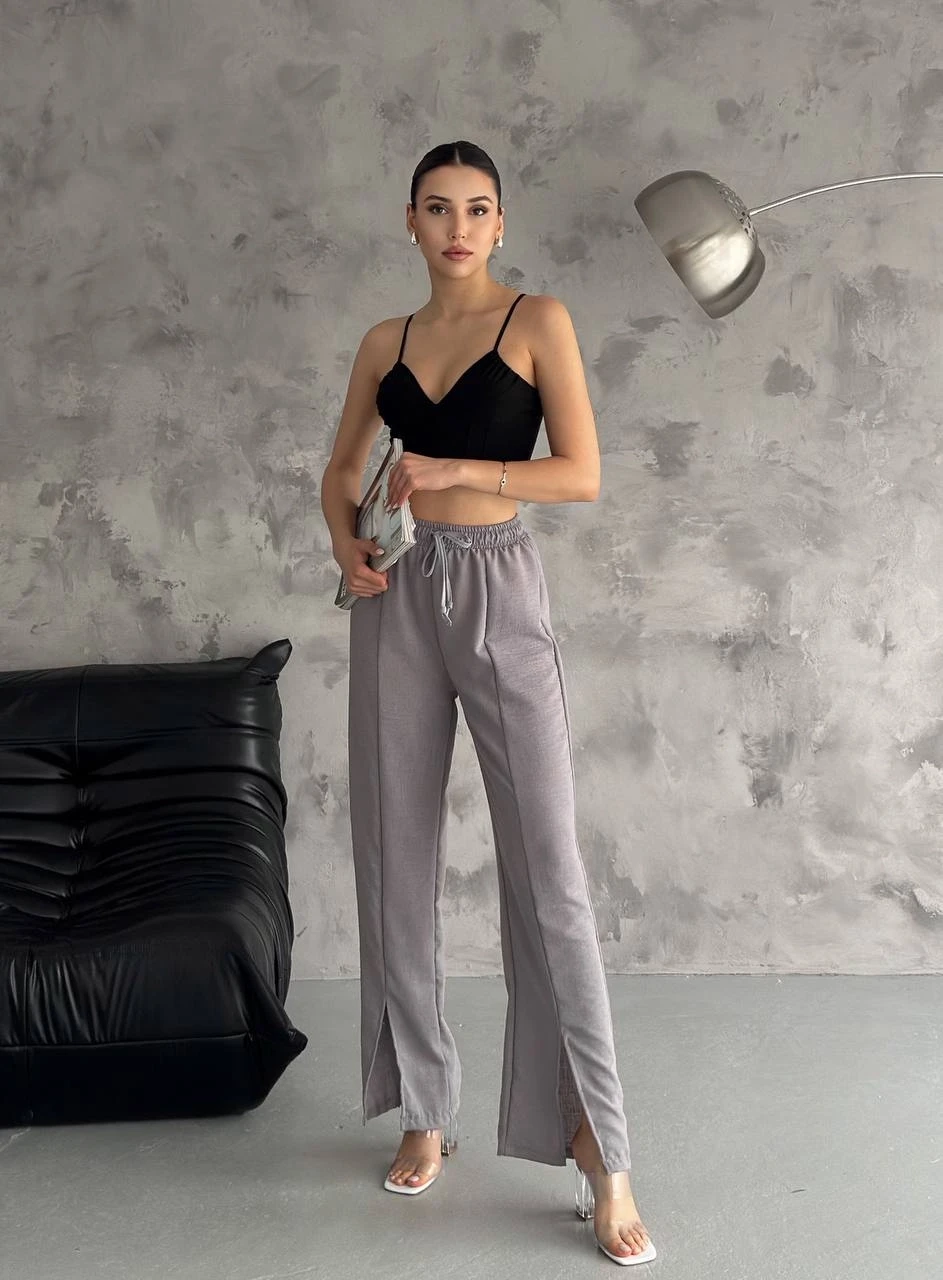 Kadın Gri Lastikli Bel Yırtmaç Detaylı Cepsiz İthal Keten Astarsız Pantolon HZL24S-FRY121941