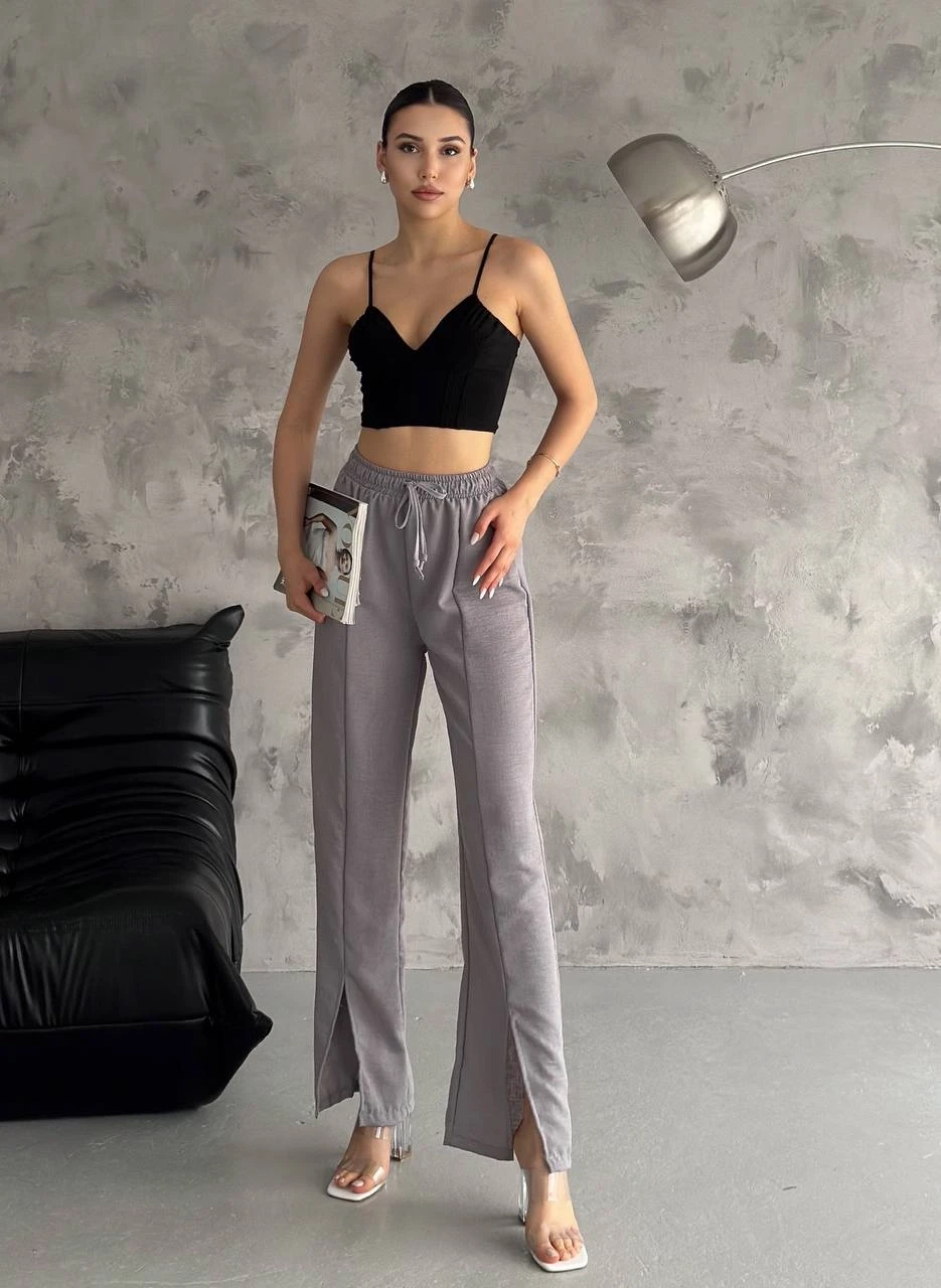 Kadın Gri Lastikli Bel Yırtmaç Detaylı Cepsiz İthal Keten Astarsız Pantolon HZL24S-FRY121941
