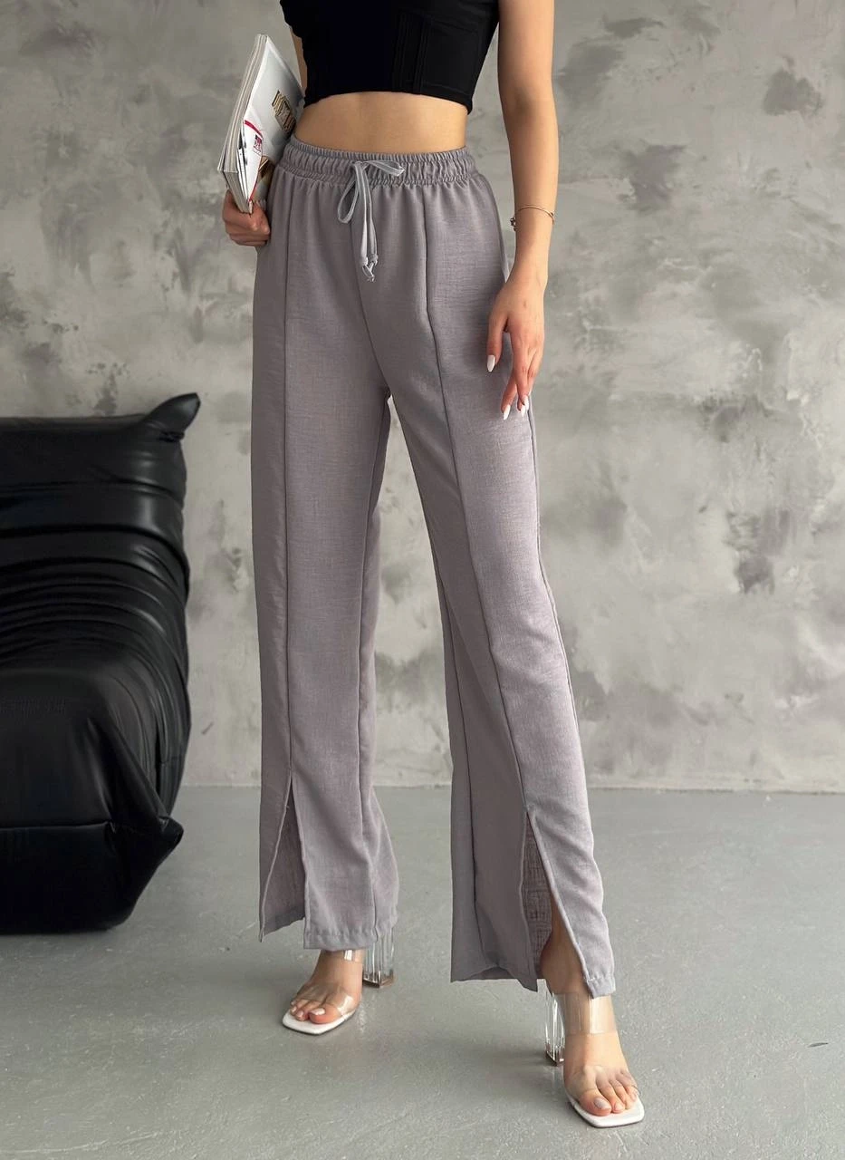 Kadın Gri Lastikli Bel Yırtmaç Detaylı Cepsiz İthal Keten Astarsız Pantolon HZL24S-FRY121941