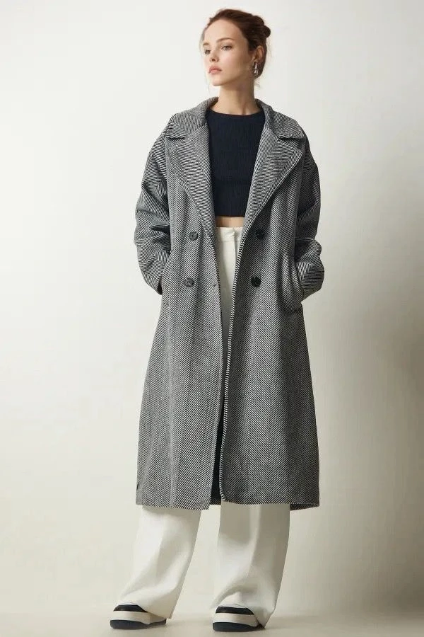 Kadın Gri Yünlü  Düğmeli Çift Cepli Astarlı Geniş Kalıp Kaban HZL24W-BD191131