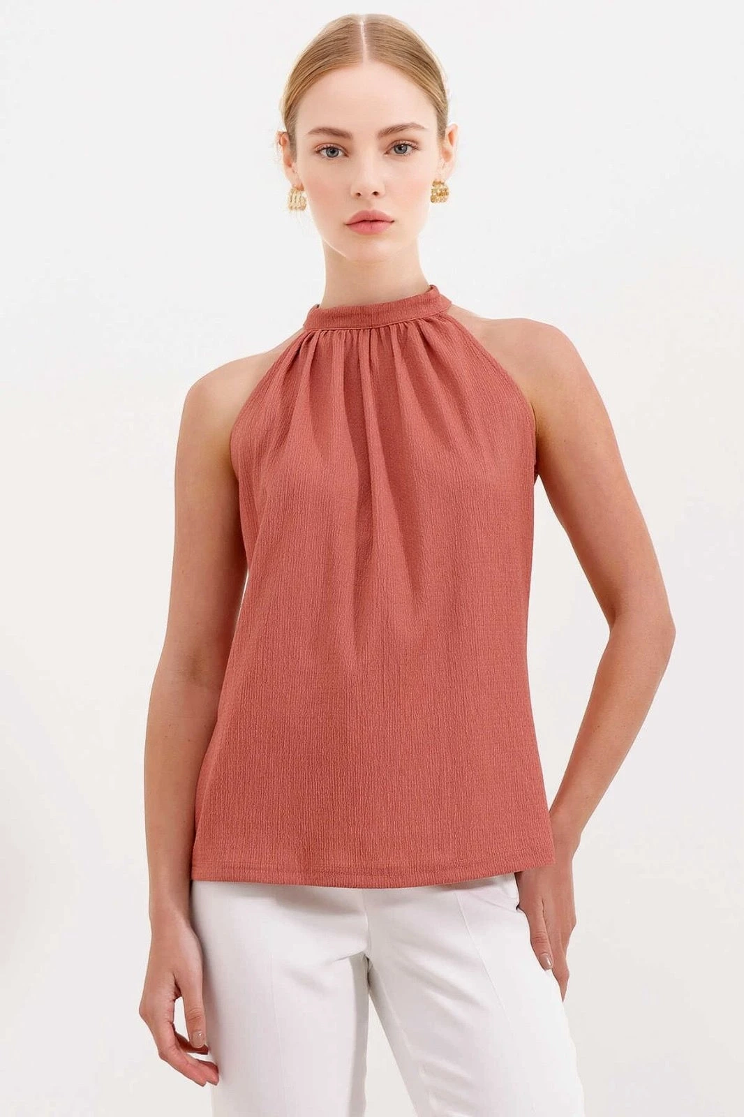 Kadın Gül Kurusu Halter Yaka Kolsuz Örme Bluz HZL24S-BD104891